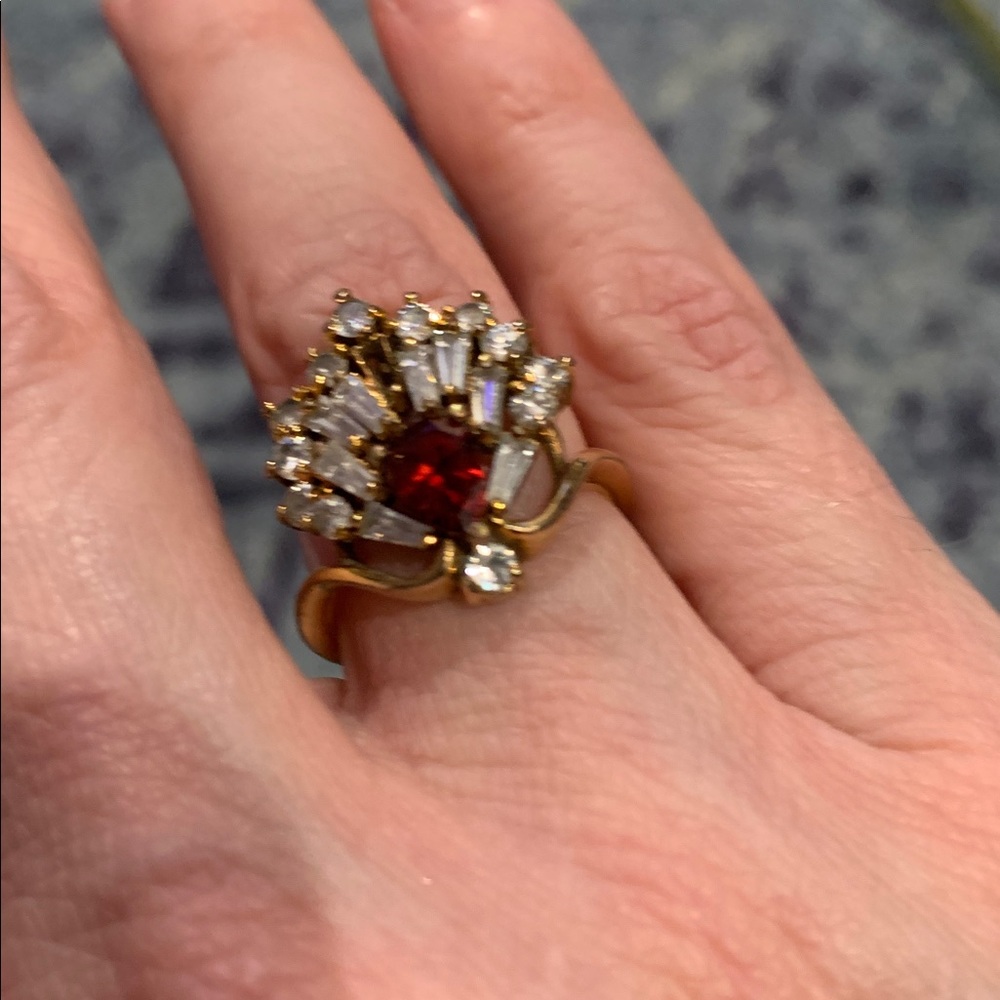 14k gold plated simulated ruby and baguette diamonds sz6 in good condition